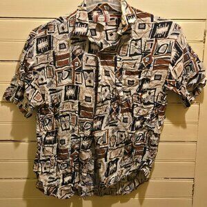 Chiamare Shirt Mens M Abstract Geometric Short Sleeve 100% Rayon Brown Navy